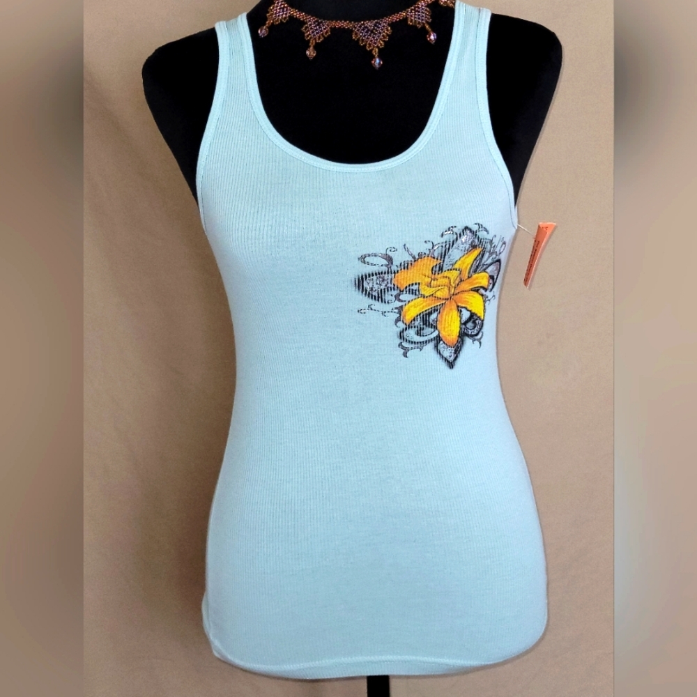 Women's Light Blue Tank Top with Yellow Floral Design